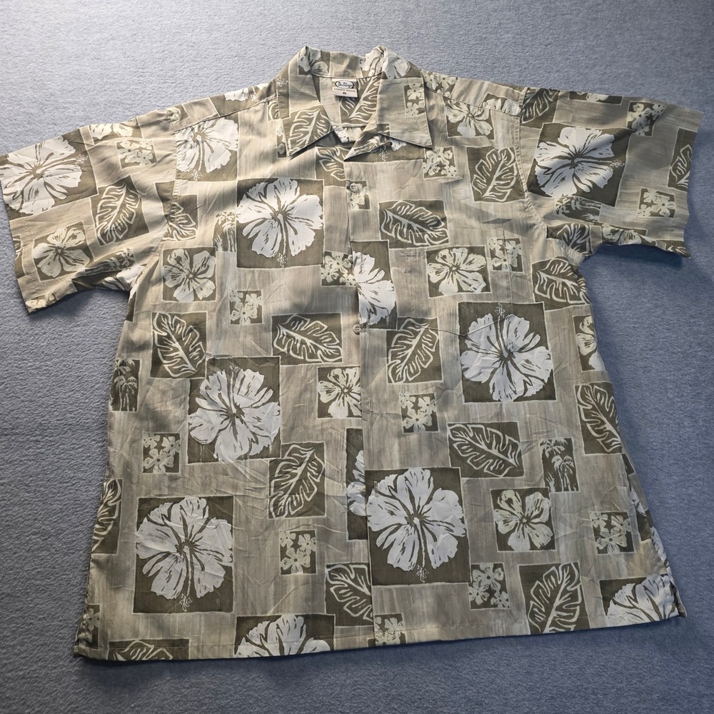 Hawaiian Aloha Shirt Mens XL Tan Floral Tropical Hibiscus Button Up Go Barefoot